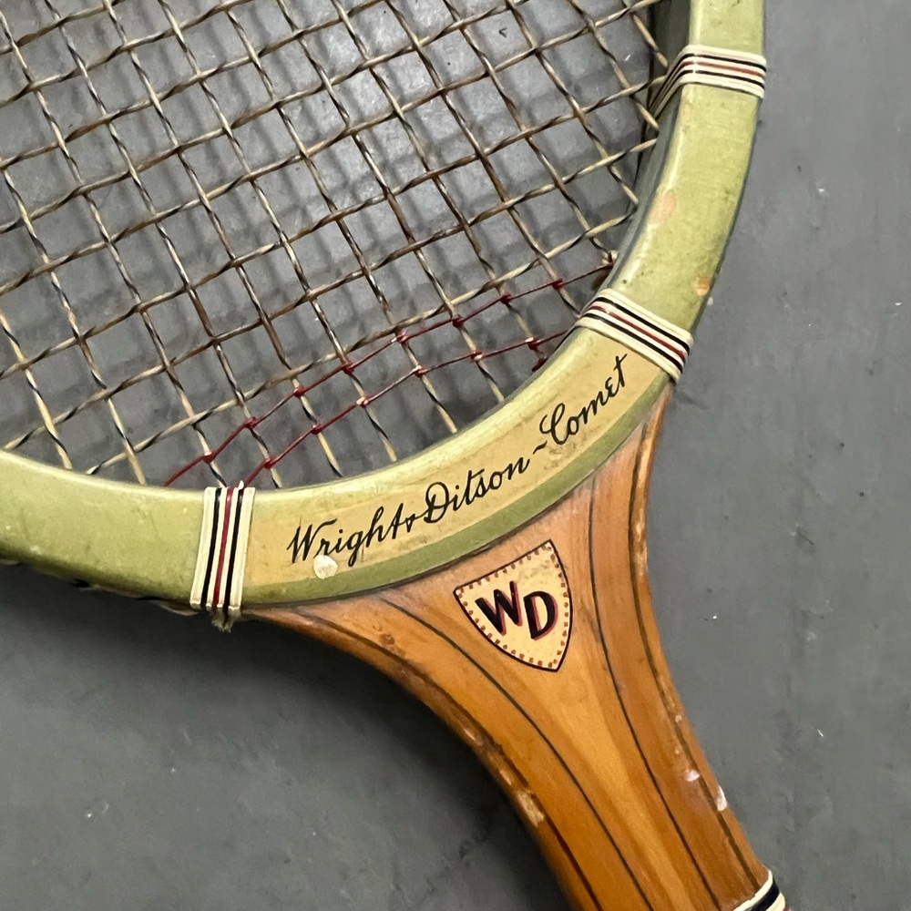 Vintage Wood Green and Ivory Colored Tennis Racquet with Leather Wrapped Handle - Picture 2 of 6